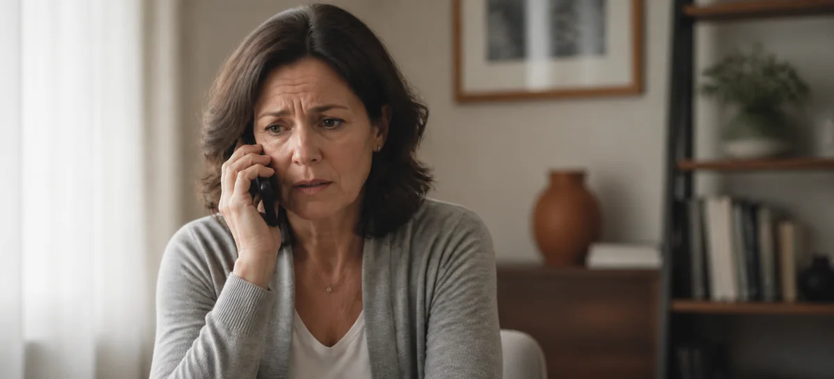 Mujer preocupada y triste solicitando ayuda por teléfono