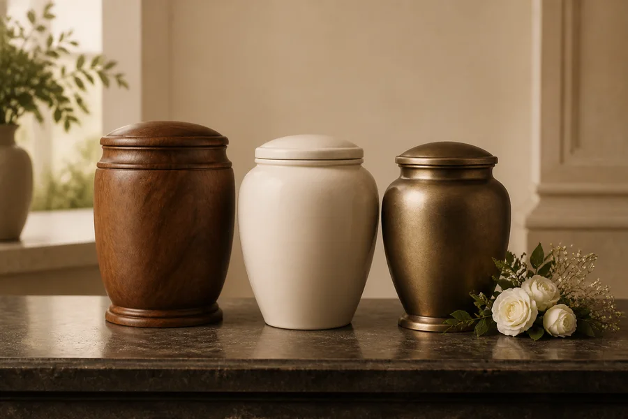 Colección de urnas funerarias de madera, cerámica y bronce