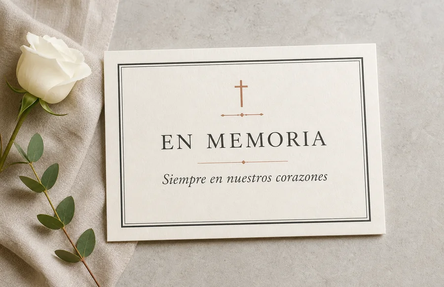 Esquela conmemorativa en papel marfil acompañada de una rosa blanca